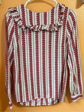 Boden white  and Red Floral-Striped Ruffle Long-Sleeve Top size 4